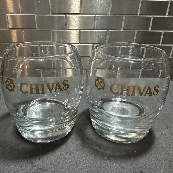Chivas Whiskey Rocks Glasses Etched Gold Logo Swirl Shape Weighted Bottom 8oz - Picture 1 of 9
